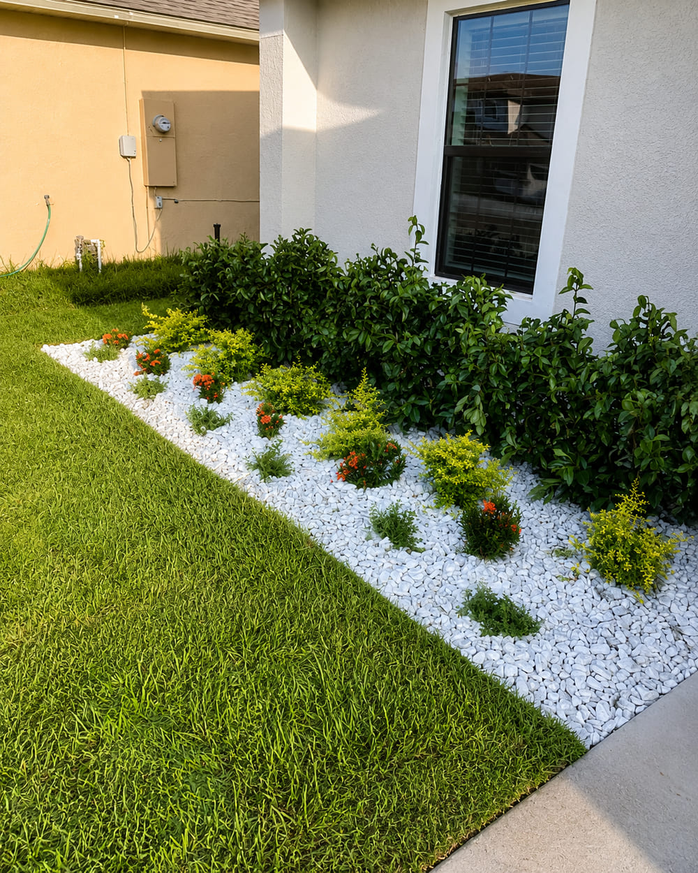 A white-stone flower bed with young shrubs, edged tight against a fresh-cut lawn — a J.E Landscaping install