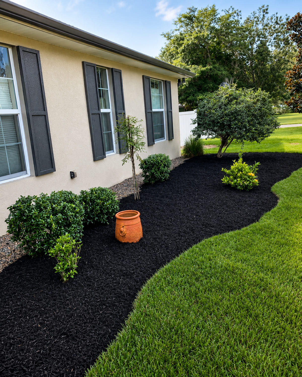 A curved black-mulch bed with clipped shrubs and a fresh-cut lawn, installed by J.E Landscaping Services in Mulberry, Florida